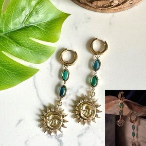2/$30🌵 Gold Sun & Moon Huggies Hoop Earrings Dangle Green Blue Stone Boho NEW